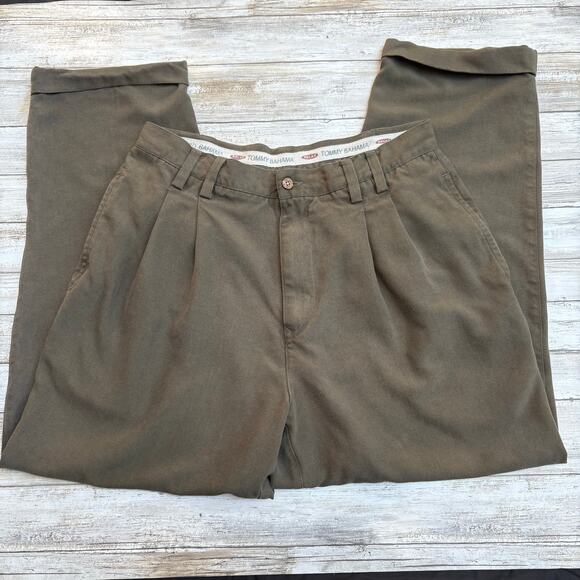 Tommy Bahama 100% Silk Pants 32” x 28” Dark Green Khaki Pleated Cuffed - Picture 3 of 7